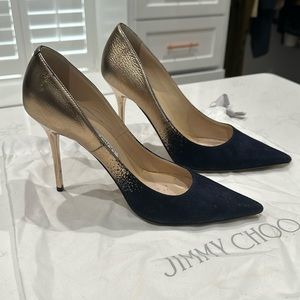 Jimmy Choo 4” Abel Suede navy and gold pumps - worn twice - comes with duster